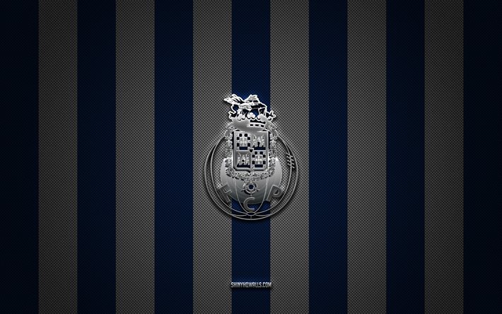 logotipo do fc porto, clube de futebol português, primeira liga, fundo de carbono branco azul, emblema do fc porto, futebol, fc porto, portugal, fc porto silver metal logo