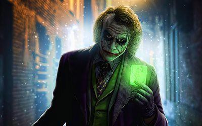 Joker with card, 4k, bokeh, supervillain, fan art, playing cards, creative, Joker 4K, Cartoon Joker, artwork, Joker