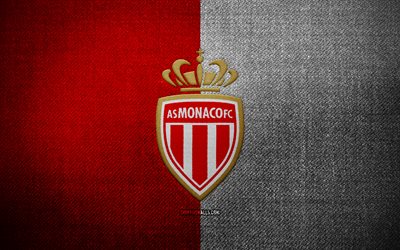 AS Monaco badge, 4k, red white fabric background, Ligue 1, AS Monaco logo, AS Monaco emblem, sports logo, french football club, AS Monaco, soccer, football, Monaco FC
