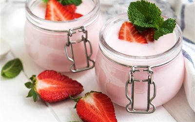 yaourt aux fraises, 4k, boissons au lait, produits laitiers, yaourt, pots en verre de yogourt, fraise