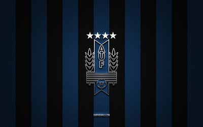 Uruguay national football team logo, CONMEBOL, South America, blue black carbon background, Uruguay national football team emblem, football, Uruguay national football team, Uruguay