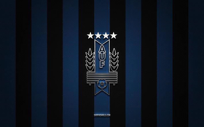 logotipo del equipo de fútbol de uruguay national, conmebole, américa del sur, fondo de carbón negro azul, emblema del equipo de fútbol nacional de uruguay, fútbol, ​​equipo nacional de fútbol de uruguay, uruguay
