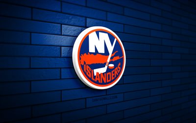 new york islander 3d logo, 4k, blue brickwall, nhl, hockey, new york islander logo, american hockey team, new york islander emblem, sportlogo, new york islanders, ny islanders