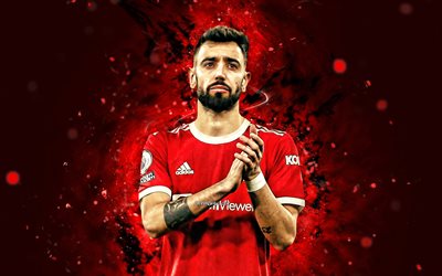 bruno fernandes, 4k, red neon lights, manchester united fc, premier league, futugalese futugalese, bruno fernandes 4k, soccer, football, bruno fernandes manchester united, man united