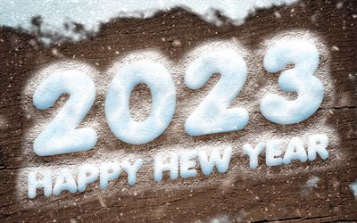 mutlu yıllar 2023, 4k, ahşap arka plan, beyaz kar salları, 2023 kavramlar, 2023 mutlu yıllar, 3d sanat, kar, 2023 kar baskı, 2023 kahverengi arka plan, 2023 yıl, 2023 3d basamak