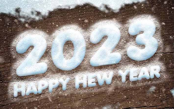 Happy New Year 2023, 4k, wooden background, white snow digits, 2023 concepts, 2023 Happy New Year, 3D art, snow, 2023 snow digits, 2023 brown background, 2023 year, 2023 3D digits