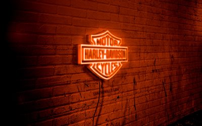 harley-davidson neon logo, 4k, orange brickwall, grunge sanat, yaratıcı, motosiklet markaları, logo on wire, harley-davidson orange logo, harley-davidson logo, harley-davidson