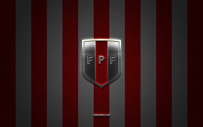 ペルーナショナルフットボールチームのロゴ, コンメボール, 南アメリカ, 赤い白い炭素の背景, ペルーナショナルフットボールチームのエンブレム, フットボール, ペルーナショナルフットボールチーム, ペルー