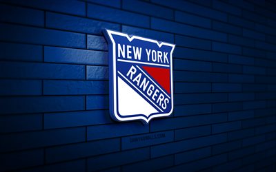 logotipo 3d do new york rangers, 4k, blue brickwall, nhl, hóquei, logotipo do new york rangers, equipe de hóquei americana, emblema do new york rangers, logotipo de esportes, nova york, ny rangers