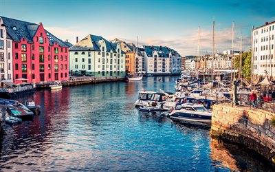 Alesund, evening, norwegian cities, embankment, summer, water channels, More og Romsdal, Norway, Europe, Alesund cityscape, Alesund panorama