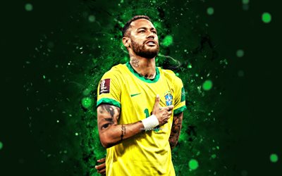 neymar, 4k, 2022, squadra nazionale brasiliana, calcio, calciatori, luci neon verdi, neymar jr, squadra di calcio brasiliana, neymar 4k