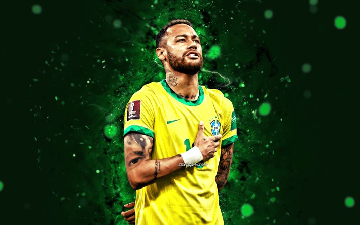 neymar, 4k, 2022, équipe nationale du brésil, football, footballeurs, néons verts, neymar jr, équipe de football brésilien, neymar 4k