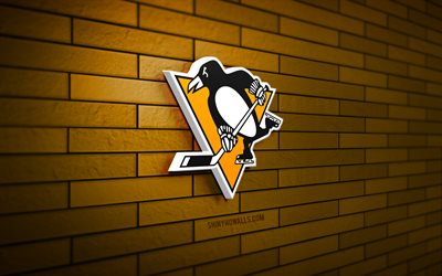 Pittsburgh Penguins 3D logo, 4K, yellow brickwall, NHL, hockey, Pittsburgh Penguins logo, american hockey team, Pittsburgh Penguins emblem, sports logo, Pittsburgh Penguins