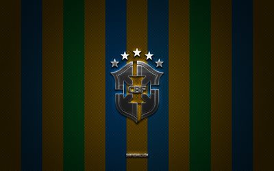das brasilianische nationalfußballteam logo, conmebol, südamerika, blau gelbgrüner kohlenstoffhintergrund, brasil -nationalfußballmannschaft emblem, fußball, brasil -nationalfußballmannschaft, brasil