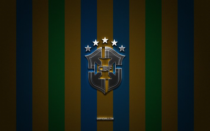 ブラジルナショナルフットボールチームのロゴ, コンメボール, 南アメリカ, 青い黄色の緑色の炭素の背景, ブラジルナショナルフットボールチームのエンブレム, フットボール, ブラジルナショナルフットボールチーム, ブラジル