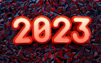 4k, Happy New Year 2023, 3D low poly background, red 3D digits, 2023 concepts, 2023 Happy New Year, 3D art, creative, 2023 red digits, 2023 red background, 2023 year, 2023 3D digits