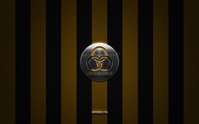 AC Horsens logo, Danish football team, Danish Superliga, yellow black carbon background, AC Horsens emblem, football, AC Horsens, Denmark, AC Horsens silver metal logo