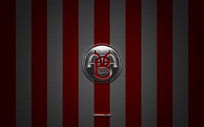 Aalborg BK logo, Danish football team, Danish Superliga, red white carbon background, Aalborg BK emblem, football, Aalborg BK, Denmark, Aalborg BK silver metal logo