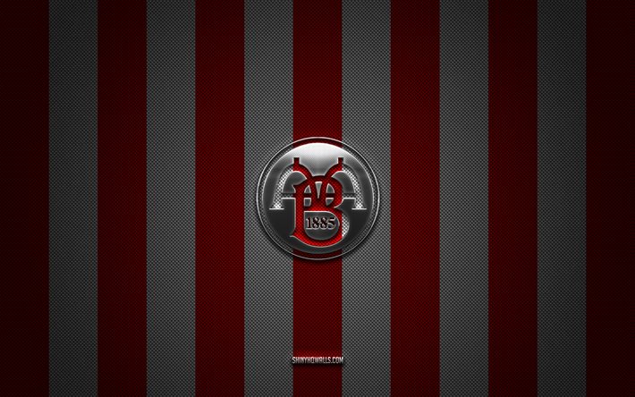 Aalborg BK logo, Danish football team, Danish Superliga, red white carbon background, Aalborg BK emblem, football, Aalborg BK, Denmark, Aalborg BK silver metal logo