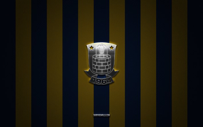 Brondby IF logo, Danish football team, Danish Superliga, yellow blue carbon background, Brondby IF emblem, football, Brondby IF, Denmark, Brondby IF silver metal logo