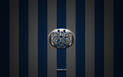 logotipo de esbjerg fb, equipo de fútbol danés, superliga danesa, fondo de carbono blanco azul, emblema de esbjerg fb, fútbol, ​​esbjerg fb, dinamarca, logotipo de metal plateado de esbjerg fb