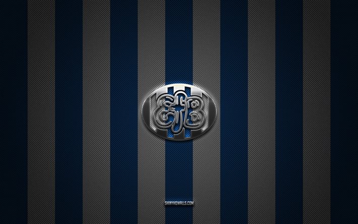 Esbjerg fB logo, Danish football team, Danish Superliga, blue white carbon background, Esbjerg fB emblem, football, Esbjerg fB, Denmark, Esbjerg fB silver metal logo