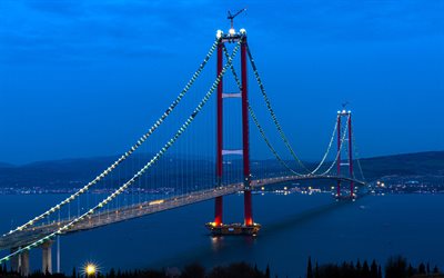 1915 Canakkale Bridge, 4k, evening, suspension bridge, Dardanelles, Turkish bridge, Canakkale, Turkey