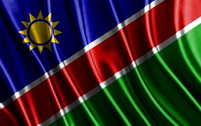 bandeira da namíbia, 4k, bandeiras 3d de seda, países da áfrica, dia da namíbia, ondas de tecido 3d, bandeiras onduladas de seda, países africanos, símbolos nacionais da namíbia, namíbia, áfrica