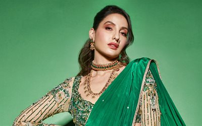 4k, nora fatehi, actriz canadiense, sesión de fotos, vestido verde indio, sari verde, bollywood, modelo de moda canadiense
