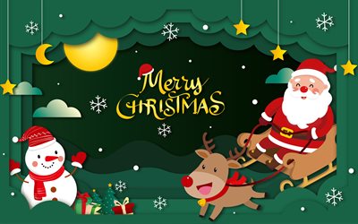 メリークリスマス, 4k, ペーパーアート, クリスマスの飾り, クリスマスキャラクター, サンタクロース, 雪だるま, 鹿, ギフト, あけましておめでとう