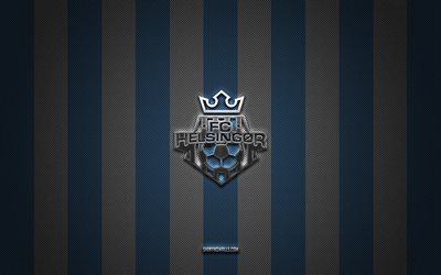 FC Helsingor logo, Danish football team, Danish Superliga, blue white carbon background, FC Helsingor emblem, football, FC Helsingor, Denmark, FC Helsingor silver metal logo
