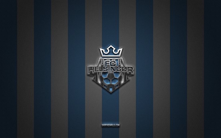 FC Helsingor logo, Danish football team, Danish Superliga, blue white carbon background, FC Helsingor emblem, football, FC Helsingor, Denmark, FC Helsingor silver metal logo