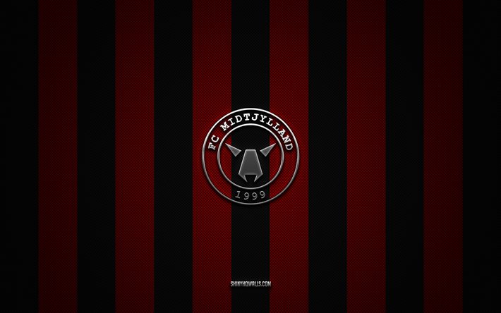 fcミッティランのロゴ, デンマークのサッカー チーム, デンマーク スーパーリーガ, 赤黒炭素の背景, fcミッティランのエンブレム, フットボール, fcミッティラン, デンマーク, fc ミッティラン シルバー メタル ロゴ