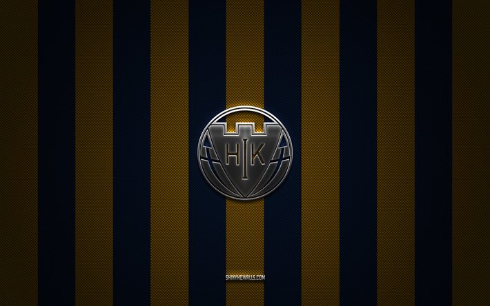 hobro ik-logo, dänische fußballmannschaft, dänische superliga, gelb-blauer karbonhintergrund, hobro ik-emblem, fußball, hobro ik, dänemark, silbernes hobro ik-metalllogo