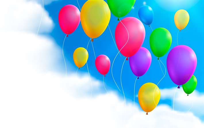 palloncini colorati, 4k, cielo blu, palloncini nel cielo, palloncini volanti, sfondo con palloncini, creativo, palloncini