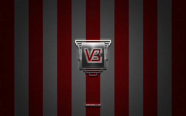 Vejle Boldklub logo, Danish football team, Danish Superliga, red white carbon background, Vejle Boldklub emblem, football, Vejle Boldklub, Denmark, Vejle Boldklub silver metal logo
