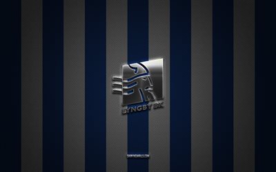 Lyngby Boldklub logo, Danish football team, Danish Superliga, blue white carbon background, Lyngby Boldklub emblem, football, Lyngby Boldklub, Denmark, Lyngby Boldklub silver metal logo