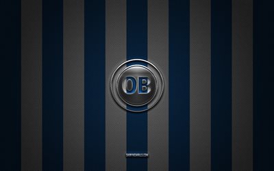 logotipo de odense bk, equipo de fútbol danés, superliga danesa, fondo de carbono blanco azul, emblema de odense bk, fútbol, ​​odense bk, dinamarca, logotipo de metal plateado de odense bk