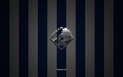 logo du randers fc, équipe de football danoise, superliga danoise, fond bleu carbone blanc, emblème du randers fc, football, randers fc, danemark, logo en métal argenté du randers fc