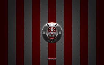 Silkeborg IF logo, Danish football team, Danish Superliga, red white carbon background, Silkeborg IF emblem, football, Silkeborg IF, Denmark, Silkeborg IF silver metal logo