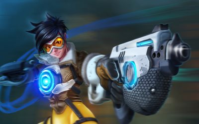 tracer avec une arme, 4k, bataille, overwatch, créatif, illustration, tracer, overwatch personnages, tracer overwatch