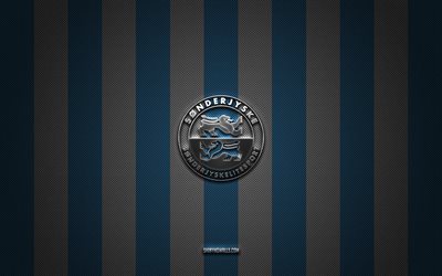 logotipo de sonderjyske fodbold, equipo de fútbol danés, superliga danesa, fondo de carbono blanco azul, emblema de sonderjyske fodbold, fútbol, ​​sonderjyske fodbold, dinamarca, logotipo de metal plateado de sonderjyske fodbold