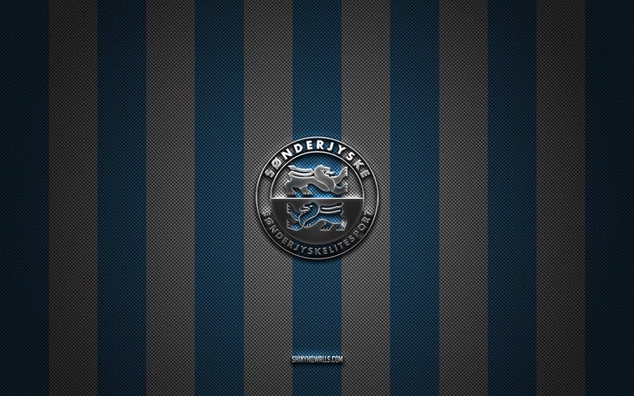 SonderjyskE Fodbold logo, Danish football team, Danish Superliga, blue white carbon background, SonderjyskE Fodbold emblem, football, SonderjyskE Fodbold, Denmark, SonderjyskE Fodbold silver metal logo