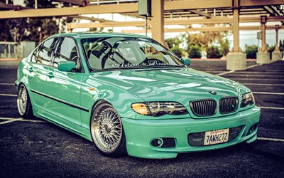 bmw m3, 4k, hdr, 2004 voitures, e46, lowriders, tuning, 2004 bmw m3, turquoise bmw m3, bmw e46, voitures allemandes, bmw