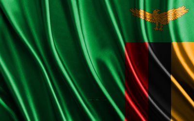 bandiera dello zambia, 4k, bandiere di seta 3d, paesi dell'africa, giornata dello zambia, onde di tessuto 3d, bandiere ondulate di seta, paesi africani, simboli nazionali dello zambia, zambia, africa