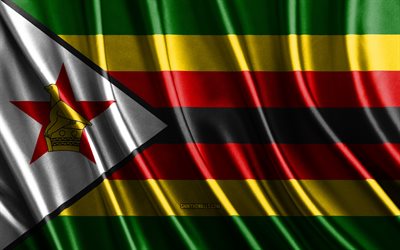 bandiera dello zimbabwe, 4k, bandiere di seta 3d, paesi dell'africa, giornata dello zimbabwe, onde di tessuto 3d, bandiere ondulate di seta, paesi africani, simboli nazionali dello zimbabwe, zimbabwe, africa