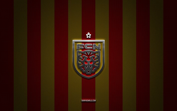 logo dell'fc nordsjaelland, squadra di calcio danese, superliga danese, sfondo rosso giallo carbone, emblema dell'fc nordsjaelland, calcio, fc nordsjaelland, danimarca, logo in metallo argentato dell'fc nordsjaelland