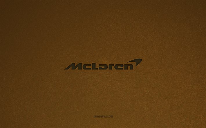 マクラーレンのロゴ, 4k, 車のロゴ, マクラーレンのエンブレム, 茶色の石のテクスチャ, マクラーレン, 人気の車のブランド, マクラーレンのサイン, 茶色の石の背景