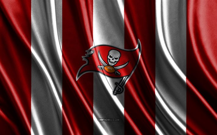 4k, Tampa Bay Buccaneers, NFL, red white silk texture, Tampa Bay Buccaneers flag, American football team, National Football League, American football, silk flag, Tampa Bay Buccaneers emblem, USA, Tampa Bay Buccaneers badge