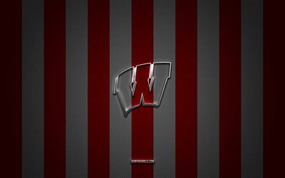 Wisconsin Badgers logo, American football team, NCAA, red white carbon background, Wisconsin Badgers emblem, American football, Wisconsin Badgers, USA, Wisconsin Badgers silver metal logo